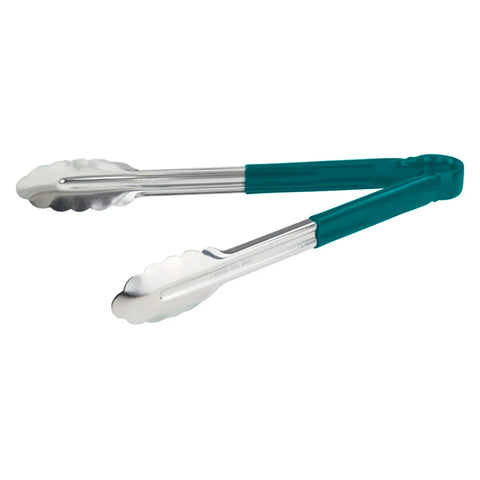 Winco UT-12HP-G 12"L Stainless Utility Tongs, Green - UT-12HP-G