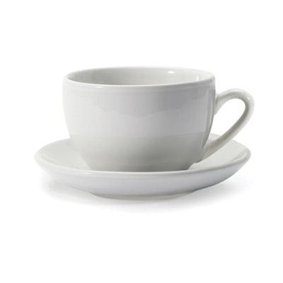 Danesco #18WH - Coffee/Tea Cup with Saucer, 11.5 oz (340mL), white porcelain, dishwasher safe