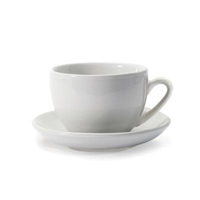 Danesco #19WH - Cappuccino Cup with Saucer, 5 oz (170mL), white porcelain, dishwasher safe